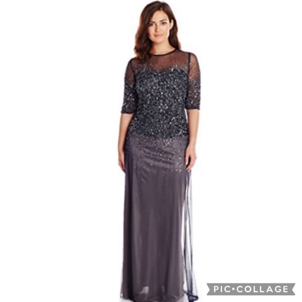 Adrianna Papell Beautiful Navy Blue Dress Beaded Illusion 3/4 Sleeve Gown Size 6